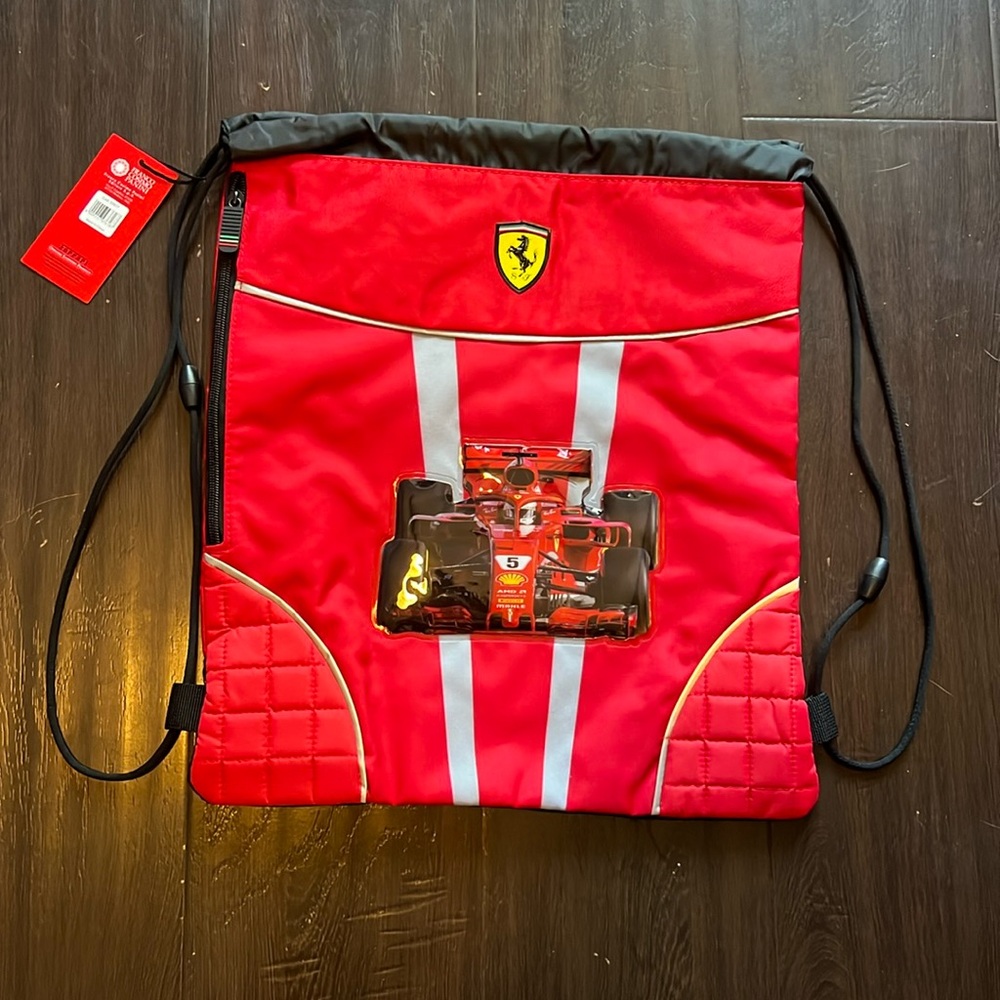 FERRARI Formula 1 Sebastian Vettel Kids Scuderia Ferrari Drawstring Backpack NWT